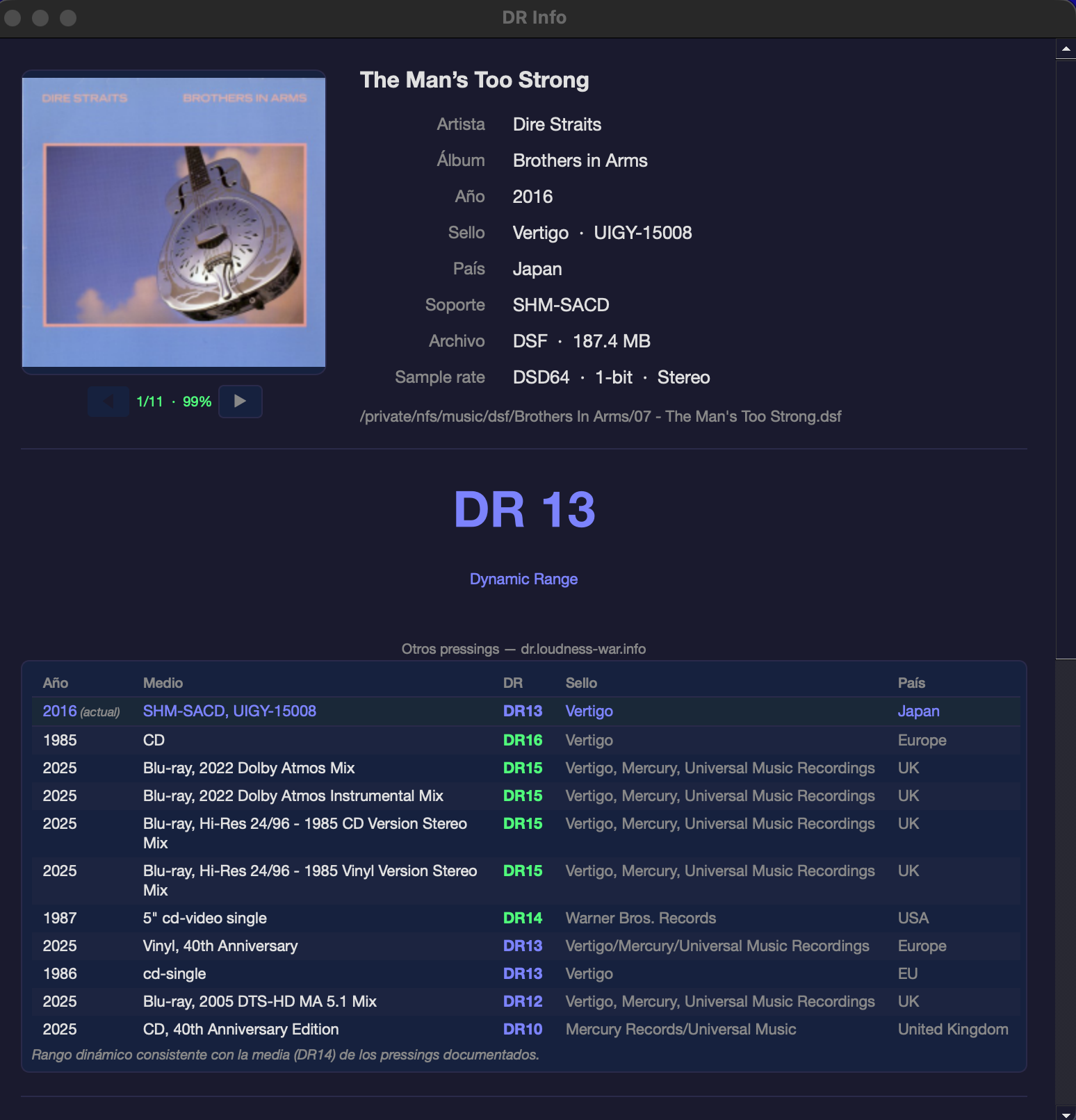 DR Info — Metadatos de la pista y tabla de pressings